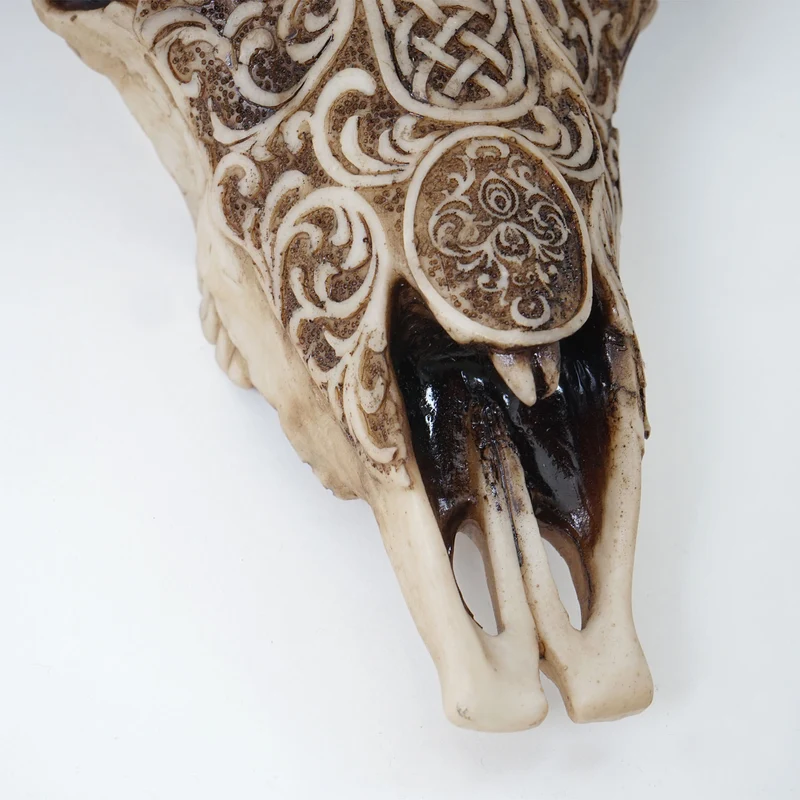 Tête de taureau décoration murale 31 cm trophée longhorn avec tribal en polyrésine intérieur/extérieur naturel 04_0002847