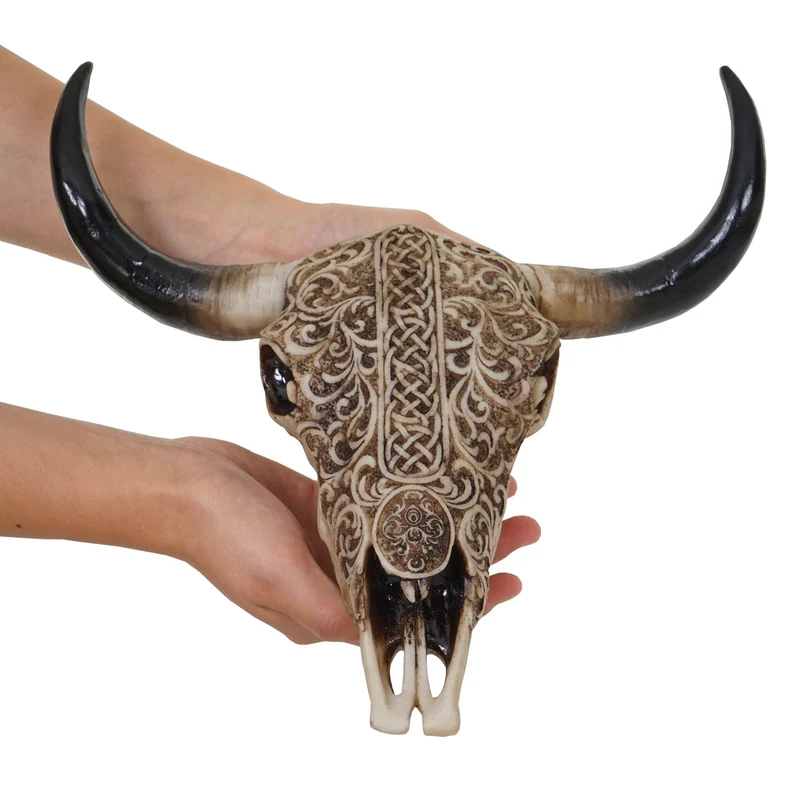 Tête de taureau décoration murale 31 cm trophée longhorn avec tribal en polyrésine intérieur/extérieur naturel 04_0002847