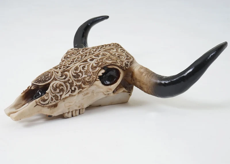 Tête de taureau décoration murale 31 cm trophée longhorn avec tribal en polyrésine intérieur/extérieur naturel 04_0002847