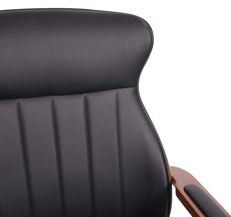 Fauteuil de bureau pivotante en synthétique noir dossier bois aspect noyer rotatif à 360° 04_0001861
