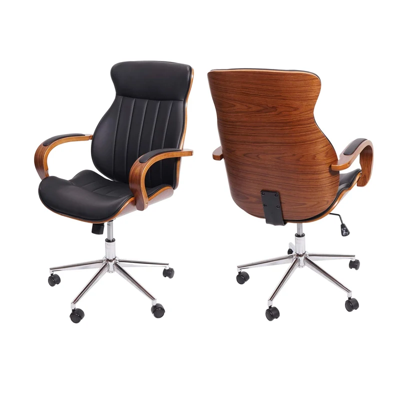 Fauteuil de bureau pivotante en synthétique noir dossier bois aspect noyer rotatif à 360° 04_0001861