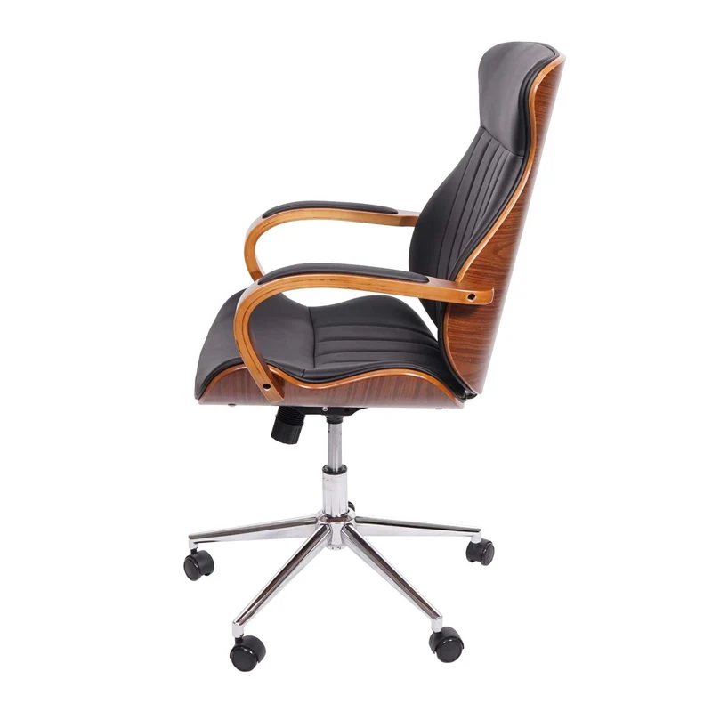 Fauteuil de bureau pivotante en synthétique noir dossier bois aspect noyer rotatif à 360° 04_0001861