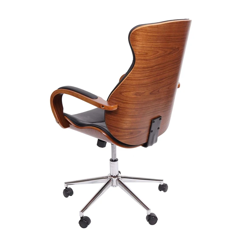 Fauteuil de bureau pivotante en synthétique noir dossier bois aspect noyer rotatif à 360° 04_0001861