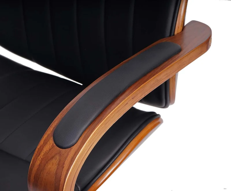 Fauteuil de bureau pivotante en synthétique noir dossier bois aspect noyer rotatif à 360° 04_0001861