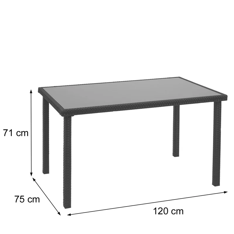 Table en polyrotin plateau en verre pour balcon jardin terrasse 120x75cm noir 04_0005084