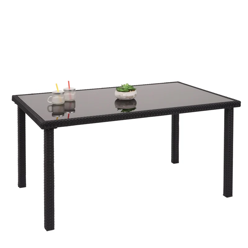 Table en polyrotin plateau en verre pour balcon jardin terrasse 120x75cm noir 04_0005084