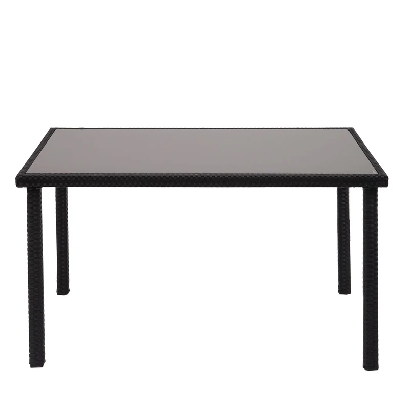Table en polyrotin plateau en verre pour balcon jardin terrasse 120x75cm noir 04_0005084