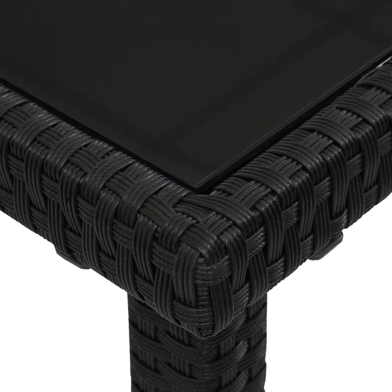 Table en polyrotin plateau en verre pour balcon jardin terrasse 120x75cm noir 04_0005084