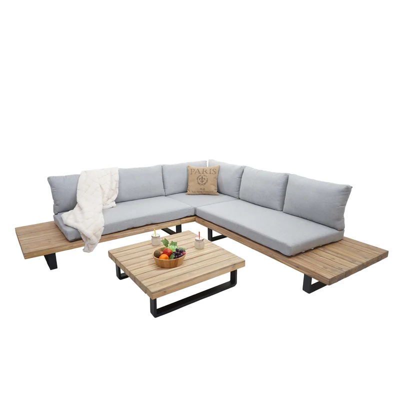 Salon de jardin terrasse balcon luxe ensemble canapé table en bois FSC certifié coussin gris clair 04_0003261