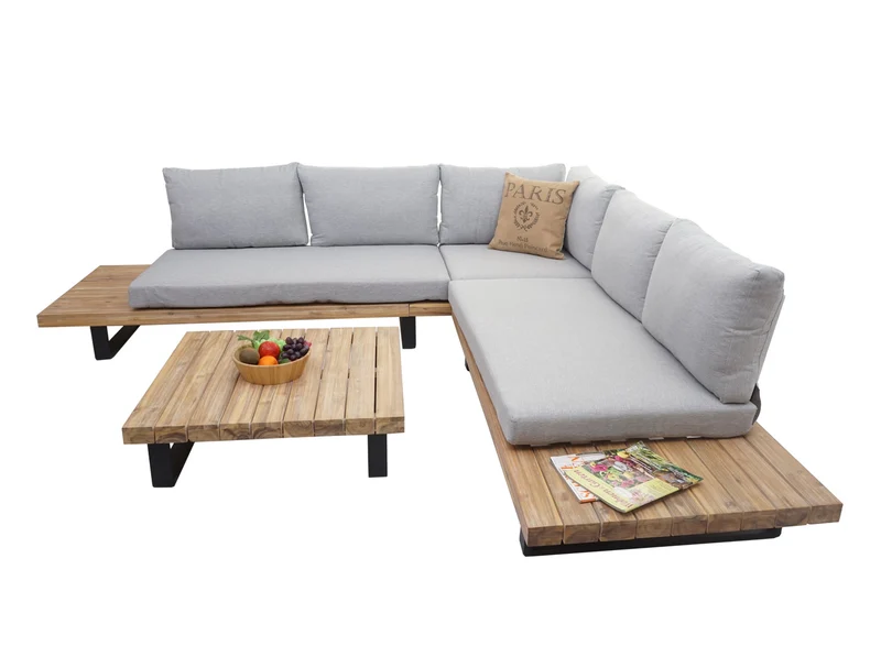 Salon de jardin terrasse balcon luxe ensemble canapé table en bois FSC certifié coussin gris clair 04_0003261
