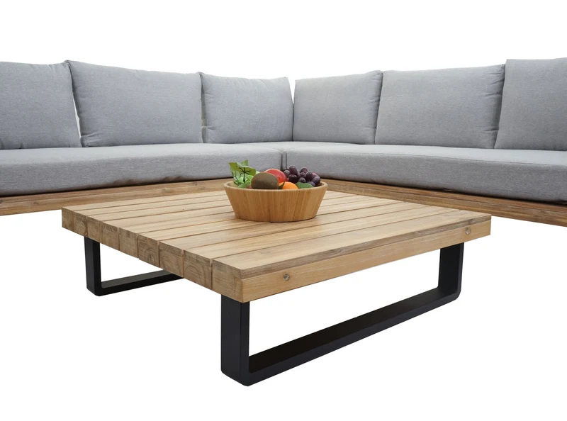 Salon de jardin terrasse balcon luxe ensemble canapé table en bois FSC certifié coussin gris clair 04_0003261