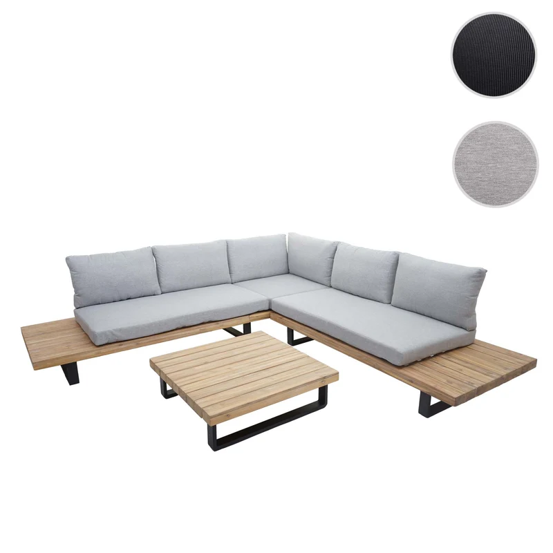 Salon de jardin terrasse balcon luxe ensemble canapé table en bois FSC certifié coussin gris clair 04_0003261