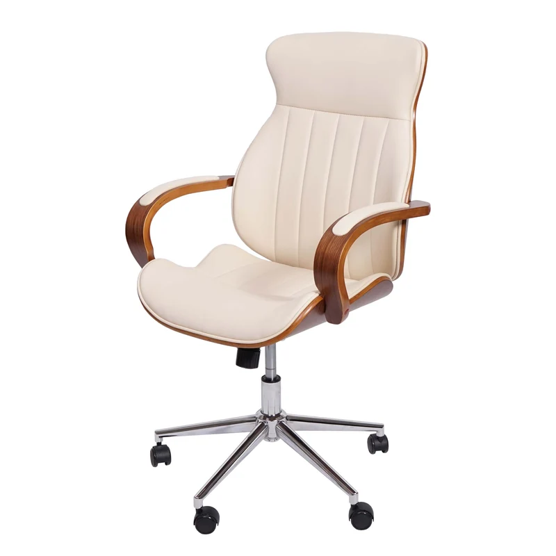 Chaise de bureau ergonomique pivotante avec accoudoirs synthétique aspect noyer courbé crème 04_0001860