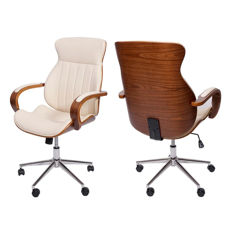 Chaise de bureau ergonomique pivotante avec accoudoirs synthétique aspect noyer courbé crème 04_0001860