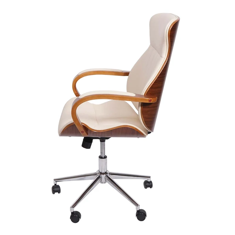 Chaise de bureau ergonomique pivotante avec accoudoirs synthétique aspect noyer courbé crème 04_0001860