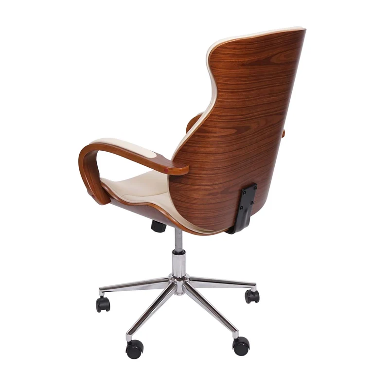 Chaise de bureau ergonomique pivotante avec accoudoirs synthétique aspect noyer courbé crème 04_0001860