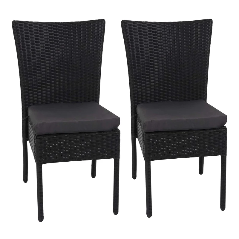 2x chaises fauteuils pour balcon jardin empilable en poly-rotin noir coussin gris foncé 04_0000264