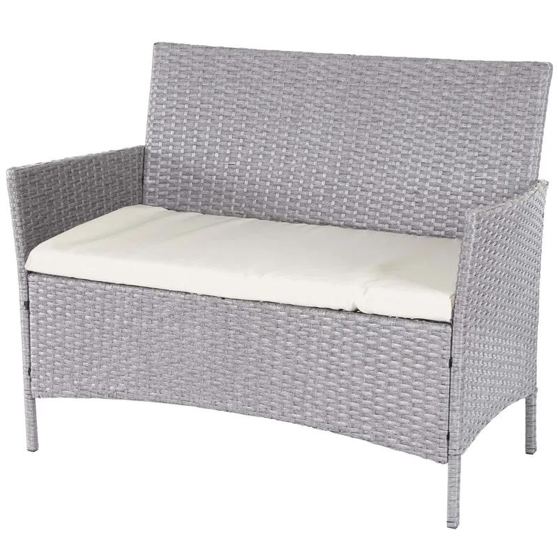 Ensemble de salon de jardin avec canapé fauteuils et table en polyrotin gris coussins crème 04_0000057