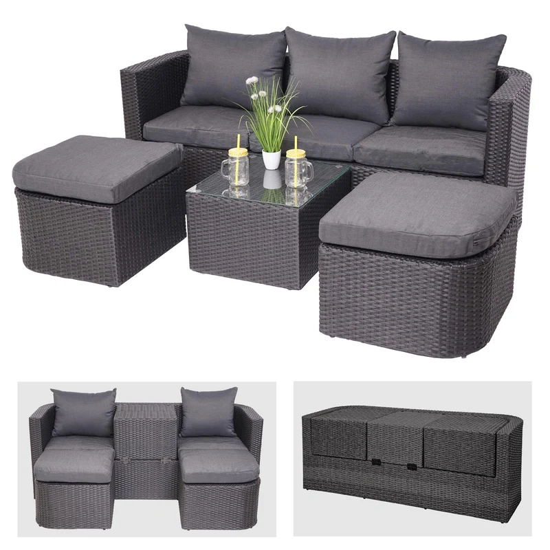 Salon de jardin avec fauteuils poufs table et coussins gis foncé et polyrotin anthracite 04_0000524