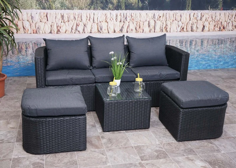 Salon de jardin avec fauteuils poufs table et coussins gis foncé et polyrotin anthracite 04_0000524