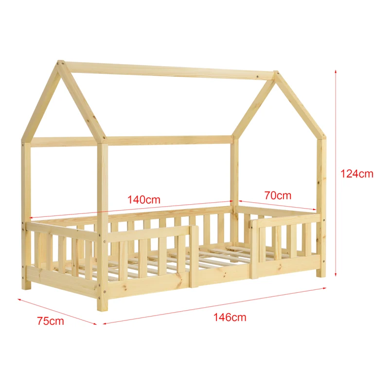 Lit pour enfant cabane maison avec barrière et sommier à lattes en bois de pin naturel 70 x 140 cm 03_0005487