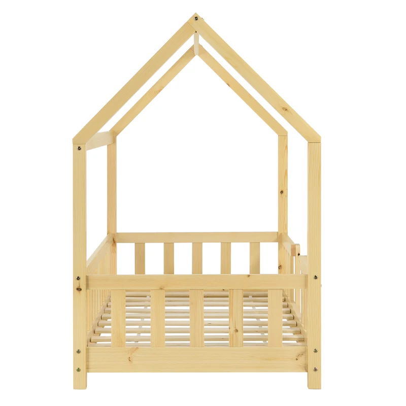 Lit pour enfant cabane maison avec barrière et sommier à lattes en bois de pin naturel 70 x 140 cm 03_0005487