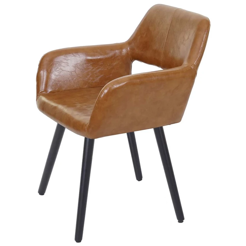 Chaise de salle à manger bureau visiteur sans roulette design rétro en synthétique marron pied en bois foncé 04_0002145