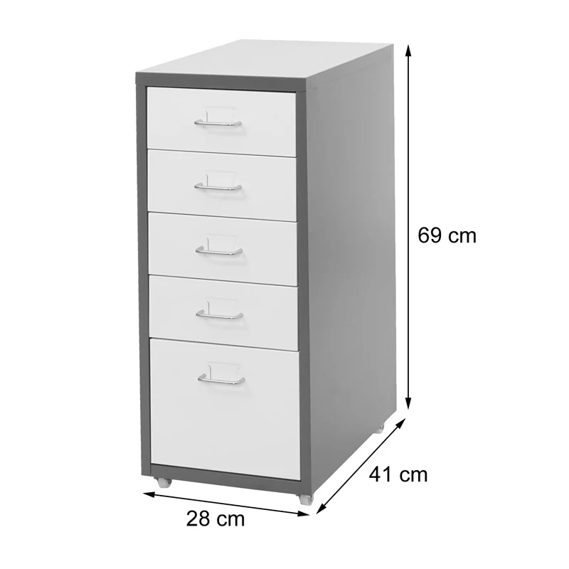 Caisson à tiroirs meuble de rangement bureau sur roulettes 69x28x41cm 5 tiroirs acier blanc 04_0004353