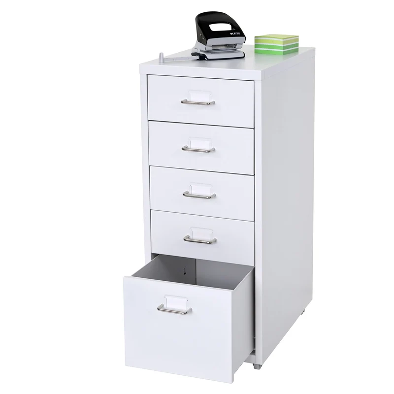 Caisson à tiroirs meuble de rangement bureau sur roulettes 69x28x41cm 5 tiroirs acier blanc 04_0004353
