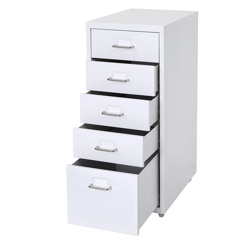 Caisson à tiroirs meuble de rangement bureau sur roulettes 69x28x41cm 5 tiroirs acier blanc 04_0004353