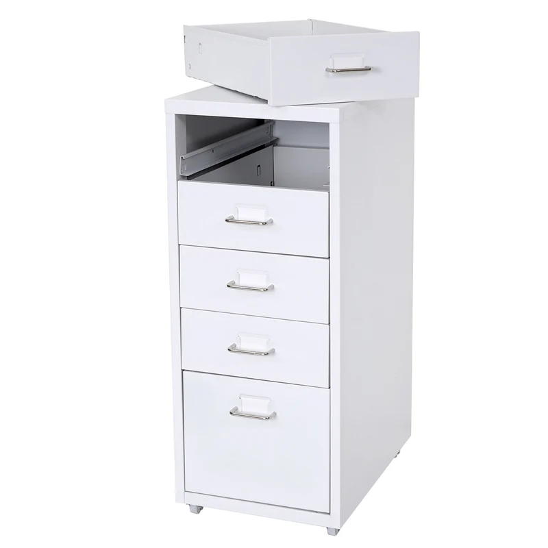 Caisson à tiroirs meuble de rangement bureau sur roulettes 69x28x41cm 5 tiroirs acier blanc 04_0004353