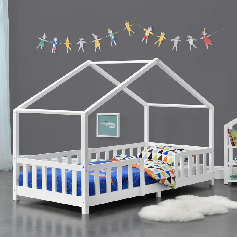 Lit d'enfant design en forme maison avec barrière sécurité construction solide bois de pin contreplaqué blanc 90x200 cm 03_0005465