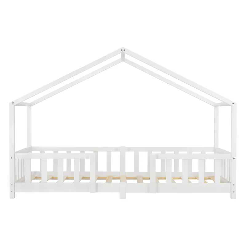 Lit d'enfant design en forme maison avec barrière sécurité construction solide bois de pin contreplaqué blanc 90x200 cm 03_0005465