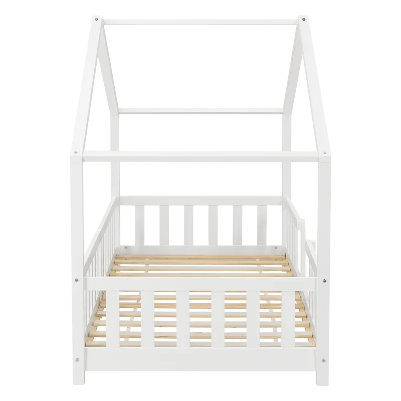 Lit d'enfant design en forme maison avec barrière sécurité construction solide bois de pin contreplaqué blanc 90x200 cm 03_0005465