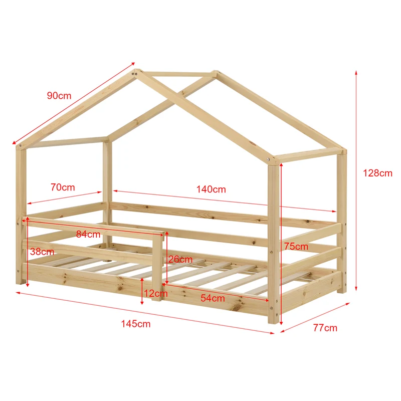 Lit cabane pour enfant forme de maison avec barrière de sécurité en bois de pin couleur naturel 70 x 140 cm 03_0005522