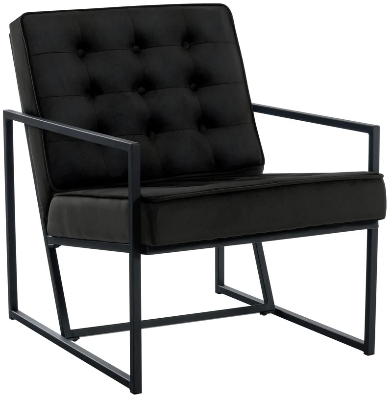 Fauteuil lounge en velours noir et cadre métallique capitonné design minimaliste FAL10545