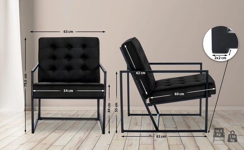 Fauteuil lounge en velours noir et cadre métallique capitonné design minimaliste FAL10545