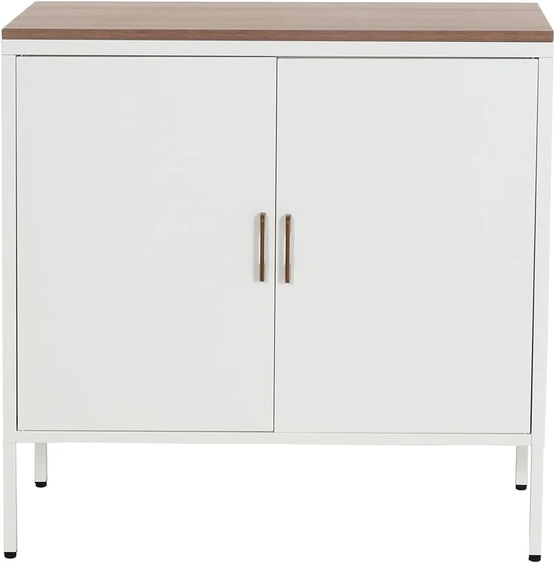 Commode meuble de rangement bureau buffet 2 portes métal 90x90x40cm mélaminé blanc plateau MDF 2 compartiments avec portes MED04084