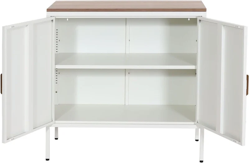 Commode meuble de rangement bureau buffet 2 portes métal 90x90x40cm mélaminé blanc plateau MDF 2 compartiments avec portes MED04084