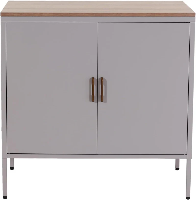 Commode meuble de rangement bureau buffet 2 portes métal 90x90x40cm mélaminé gris plateau MDF 2 compartiments avec portes MED04082