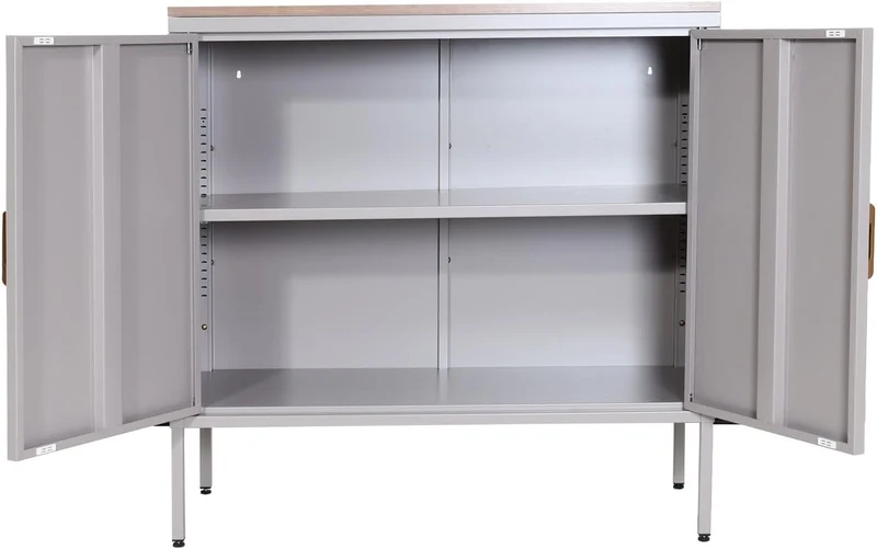 Commode meuble de rangement bureau buffet 2 portes métal 90x90x40cm mélaminé gris plateau MDF 2 compartiments avec portes MED04082