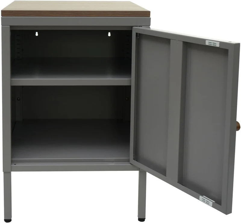 Petit meuble de rangement table de chevet 2 niveaux tôle d'acier laminée gris plateau MDF 63x40x40 cm MED04080