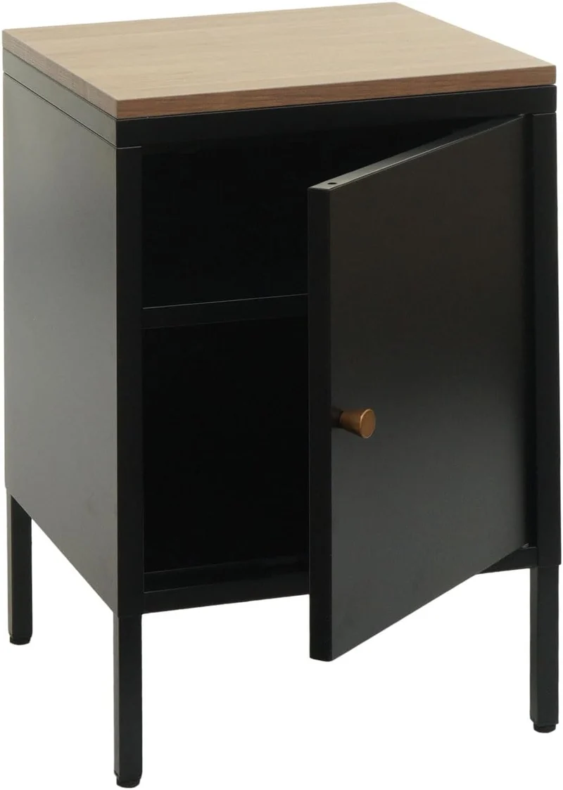 Petit meuble de rangement table de chevet 2 niveaux tôle d'acier laminée noir plateau MDF 63x40x40 cm MED04079