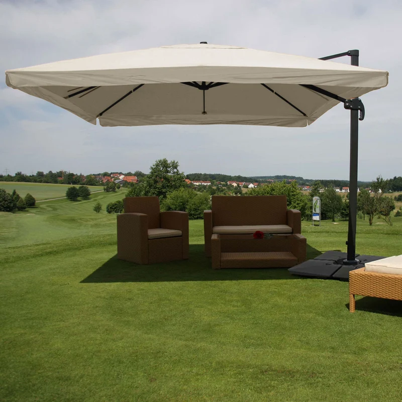 Parasol professionnel restaurant pour jardin terrasse, 3x4m (Ø5m) polyester/aluminium 26kg crème avec pied, rotatif 04_0003503