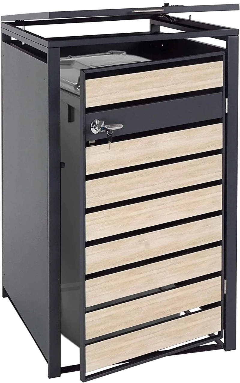 Abri de poubelle vérouillable en métal anthracite aspect bois de hêtre marron clair MDJ04177
