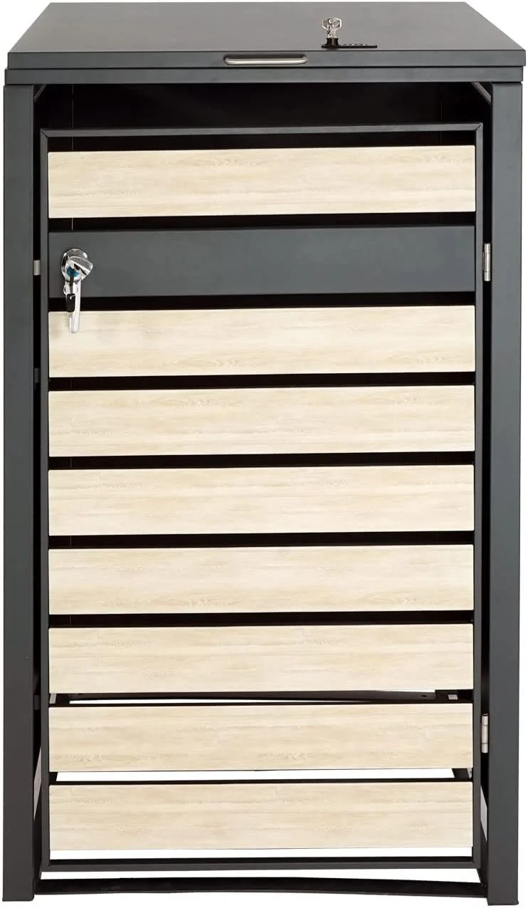 Abri de poubelle vérouillable en métal anthracite aspect bois de hêtre marron clair MDJ04177