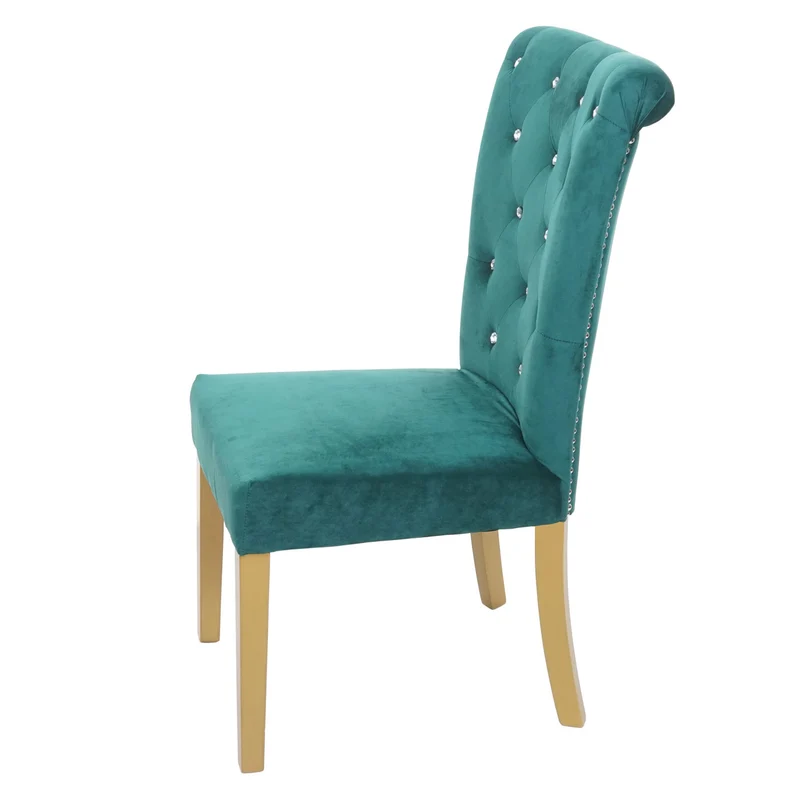 Lot de 2 chaises à manger cuisine en velours vert avec décoration bouton cristal pieds bois clairs 04_0000351