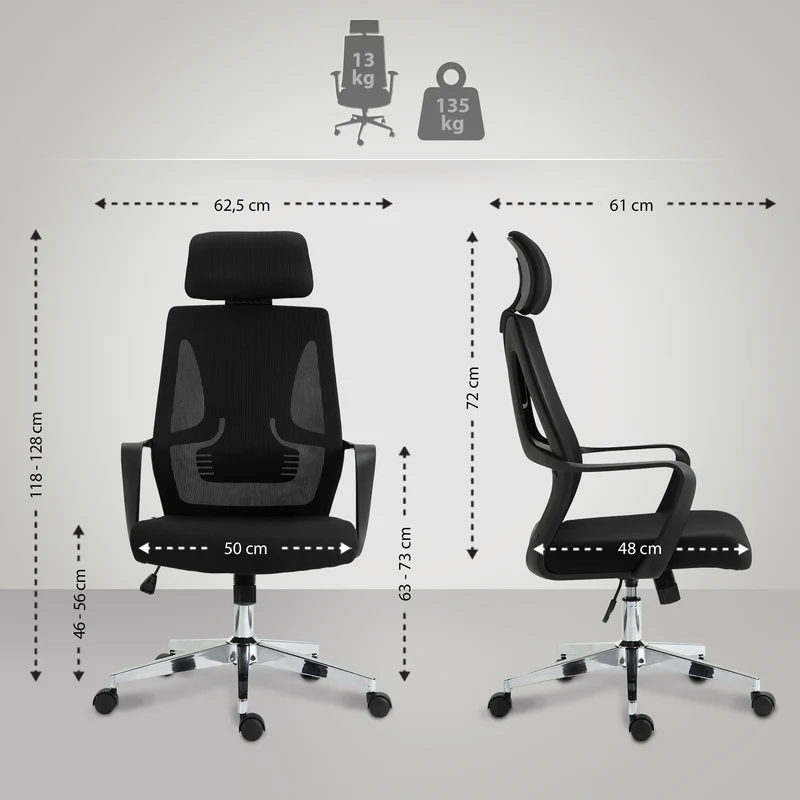Fauteuil de bureau ergonomique en maille noir hauteur réglable et siège pivotant repose-tête ajustable BUR10692