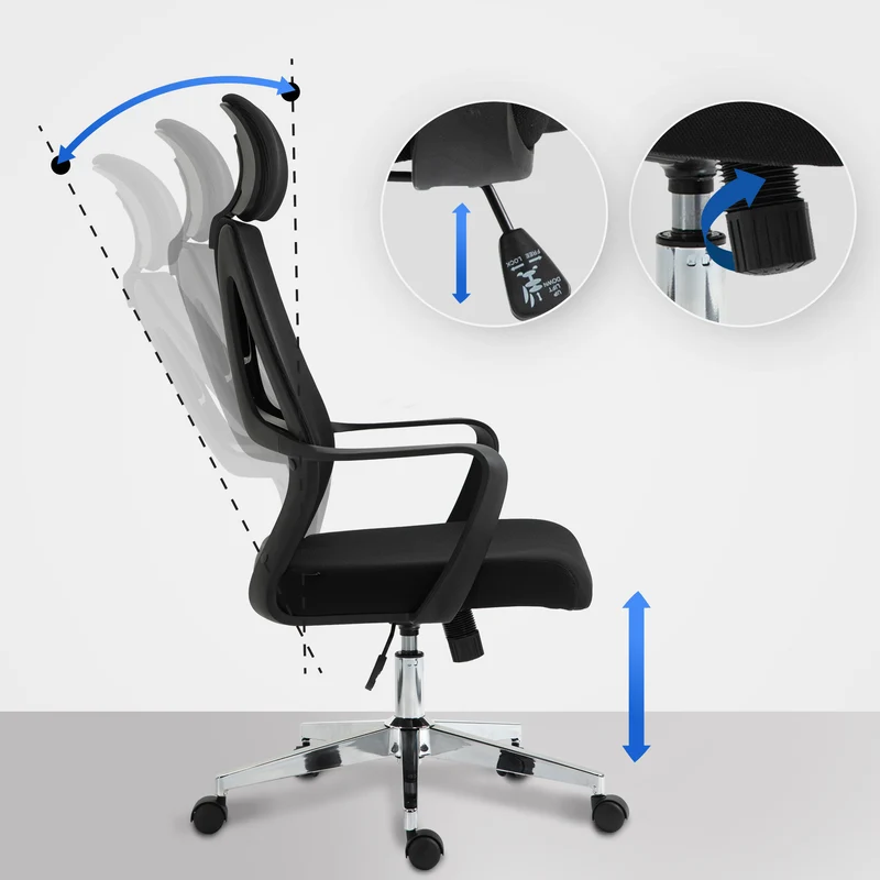 Fauteuil de bureau ergonomique en maille noir hauteur réglable et siège pivotant repose-tête ajustable BUR10692