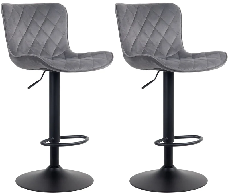 Lot de 2 tabourets de bar en tissu velours gris pieds en métal noir hauteur réglable pivotant TDB10728
